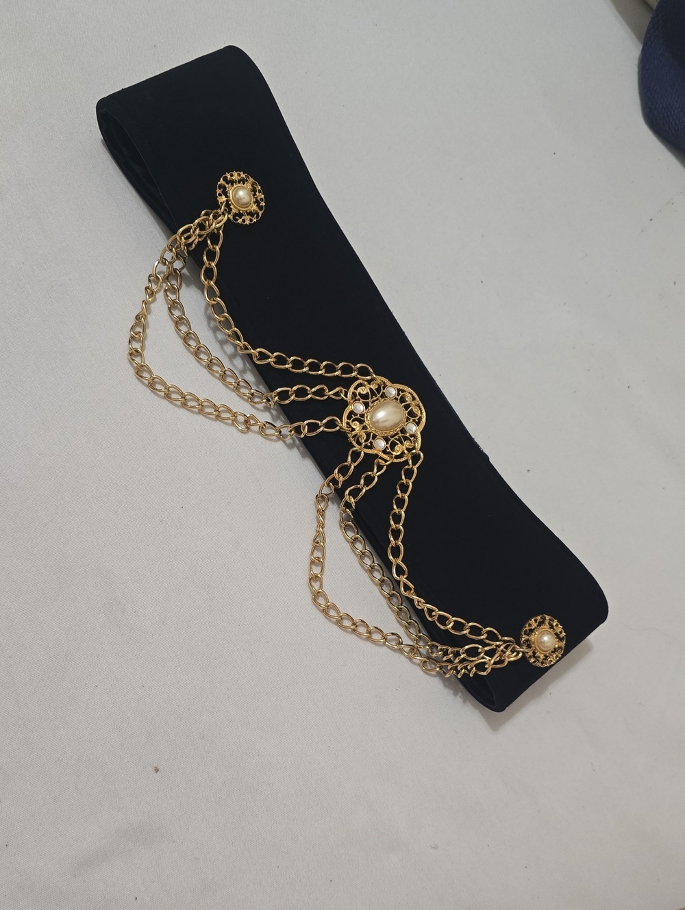 Tadashi Shoji Black Elastic Belt with Gold Chain and Pearl Medallions